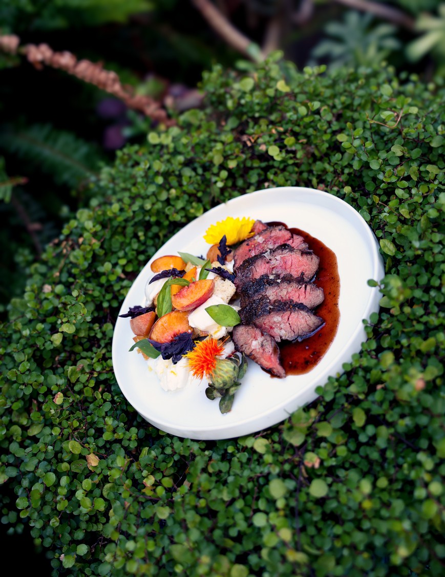 Hanger Steak with Peach Panzanella Salad